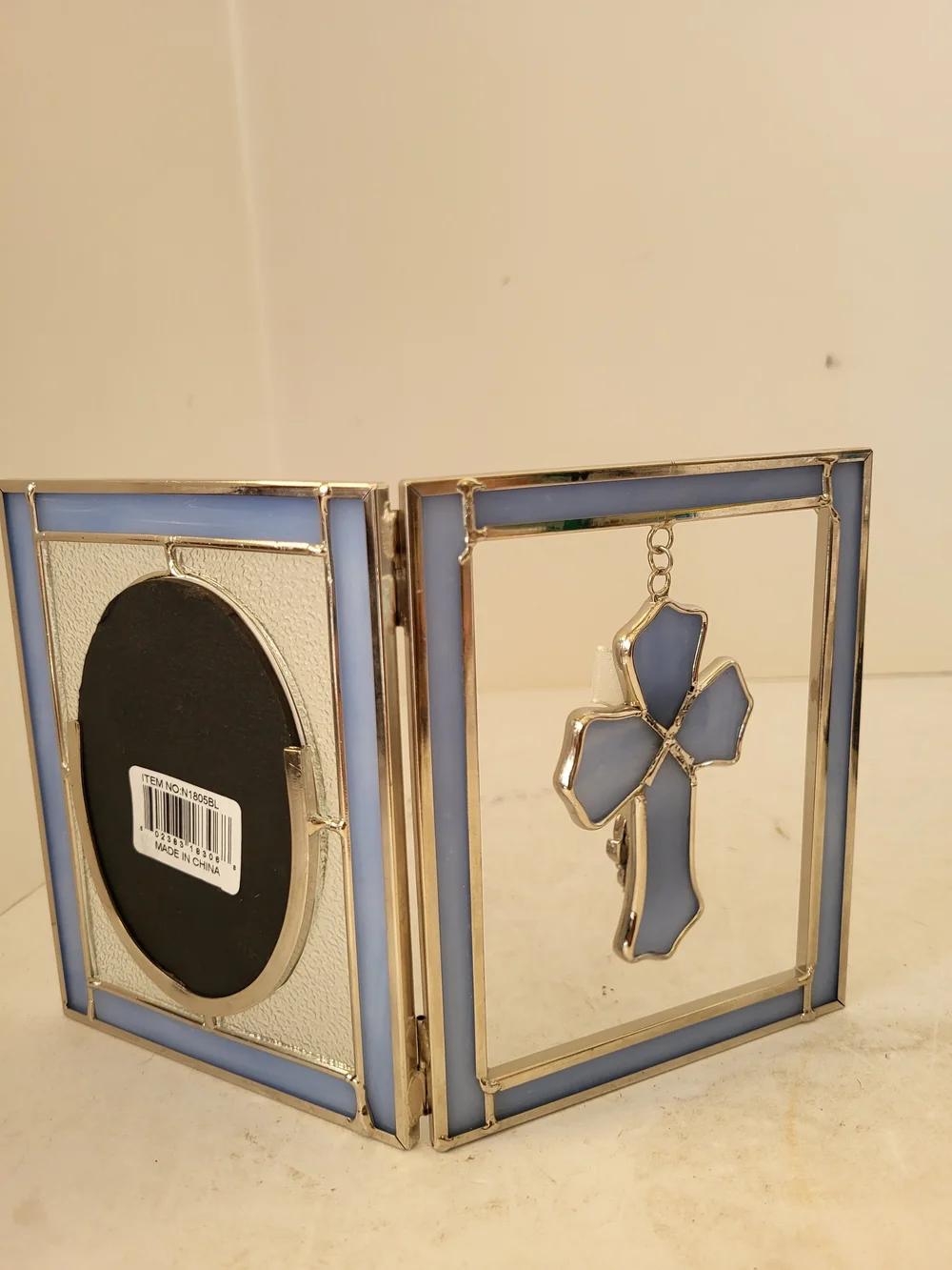 Blue Stained Glass Double Photo Frame with Cross Accent